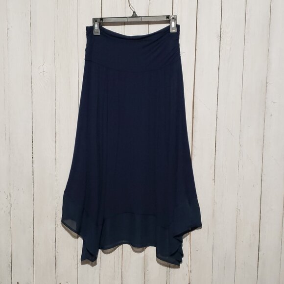 IN Studio 1X Midi Skirt Navy Blue Pull On Flowy Chiffon Hem Whimsigoth Boho Mod - Picture 5 of 8